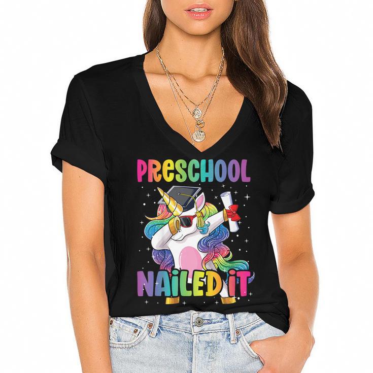 Kids Preschool Graduate Unicorn Nailed It Preschool Graduation Women's Jersey Short Sleeve Deep V-Neck Tshirt				
