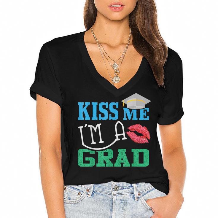 Kiss Me I'm A Grad 2018 Senior Graduation Women's Jersey Short Sleeve Deep V-Neck Tshirt				