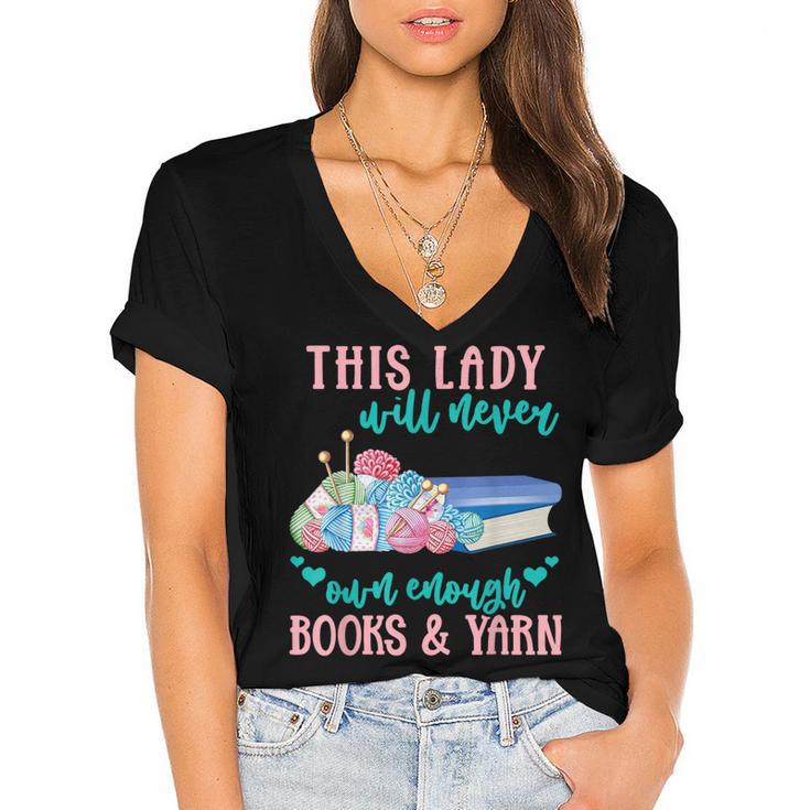 THIS LADY Will Never Own Enough BOOKS & YARN Women's Jersey Short Sleeve Deep V-Neck Tshirt
