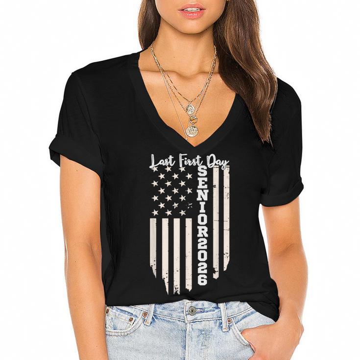 Last First Day Senior 2026 USA Flag Graduation Class Of 2026 Women's Jersey Short Sleeve Deep V-Neck Tshirt				