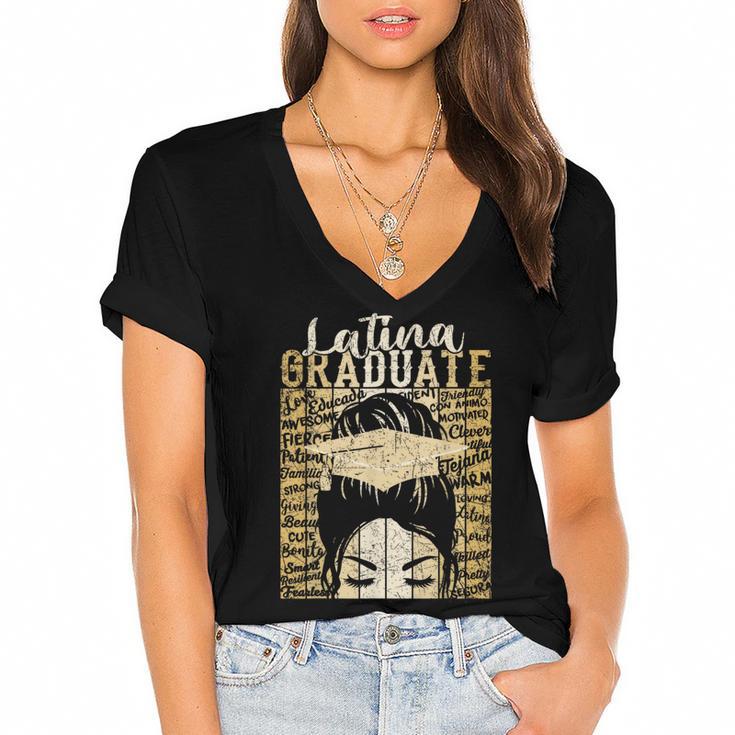 Latina Graduate Educated Powerful Class Of 2024 Graduation Women's Jersey Short Sleeve Deep V-Neck Tshirt				