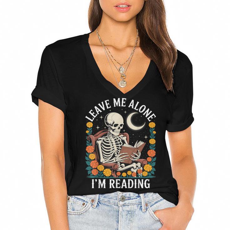 Leave Me Alone Skeleton Reading Book Floral Moon Librarian Women's Jersey Short Sleeve Deep V-Neck Tshirt