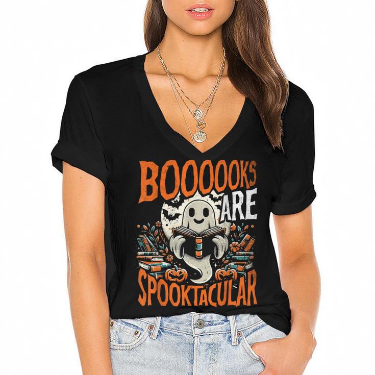 Library Halloween Book Lover Ghost With Books Women's Jersey Short Sleeve Deep V-Neck Tshirt
