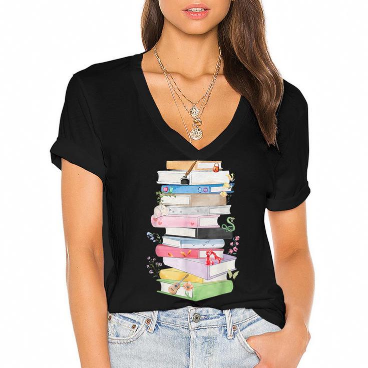 Life Of A Reader Book Lovers Book Nerds Bookworm Women's Jersey Short Sleeve Deep V-Neck Tshirt