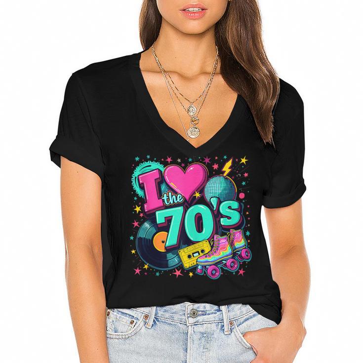 I Love The 70s Retro Cassette Roller Vinyl Disco Nostalgia Women's Jersey Short Sleeve Deep V-Neck Tshirt