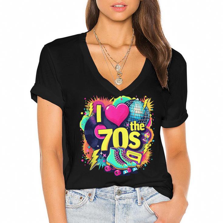 I Love The 70s Retro Cassette Roller Vinyl Nostalgia Vibes Women's Jersey Short Sleeve Deep V-Neck Tshirt