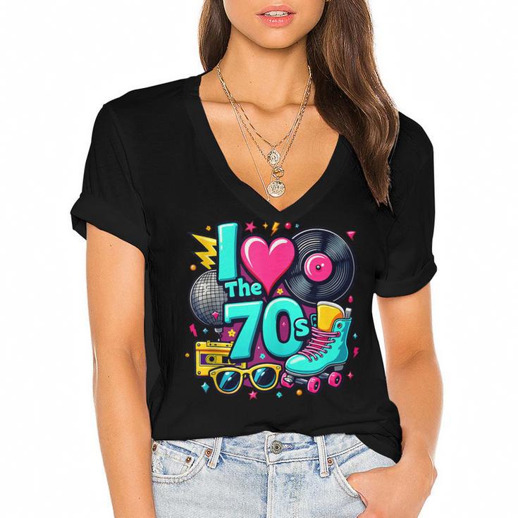 I Love The 70s Vintage Cassette Roller Vinyl Nostalgia 70s Women's Jersey Short Sleeve Deep V-Neck Tshirt