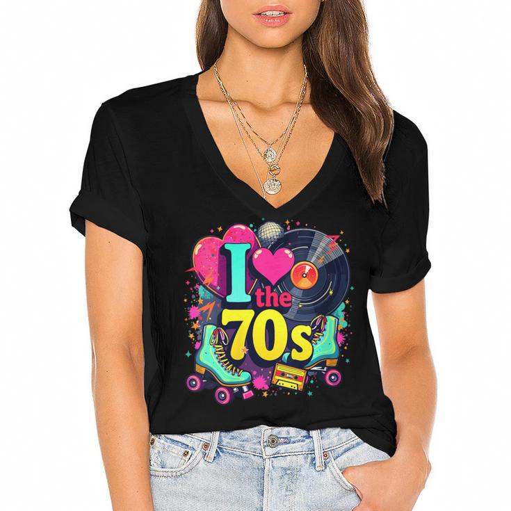I Love The 70s Vintage Cassette Roller Vinyl Nostalgia 70s Women's Jersey Short Sleeve Deep V-Neck Tshirt				