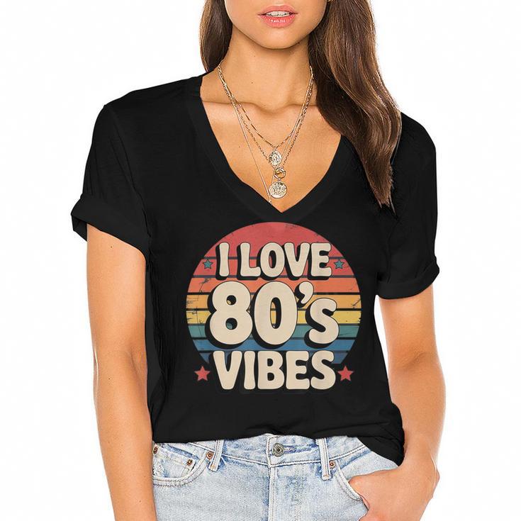I Love 80’s Vibes Retro 80s Style Vintage Sunset Nostalgia Women's Jersey Short Sleeve Deep V-Neck Tshirt				