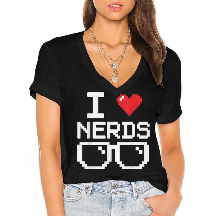 I Love Nerds I Heart Nerds For Science Book Knowledge Geeks Women's Jersey Short Sleeve Deep V-Neck Tshirt