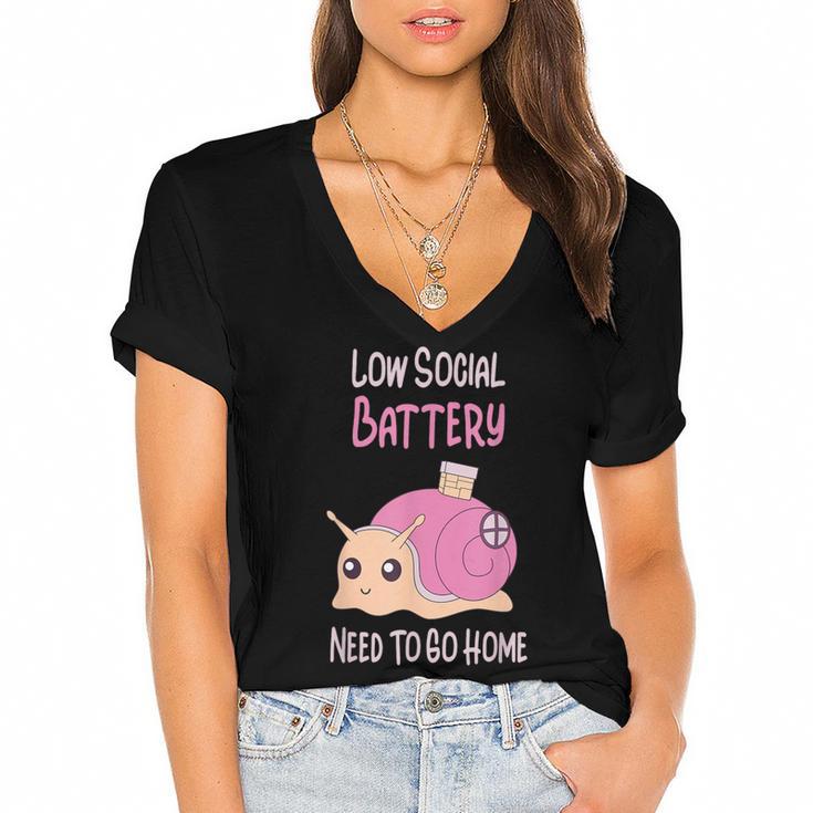 Low Social Battery Cute Snail With House Introvert Cozy Home Women's Jersey Short Sleeve Deep V-Neck Tshirt