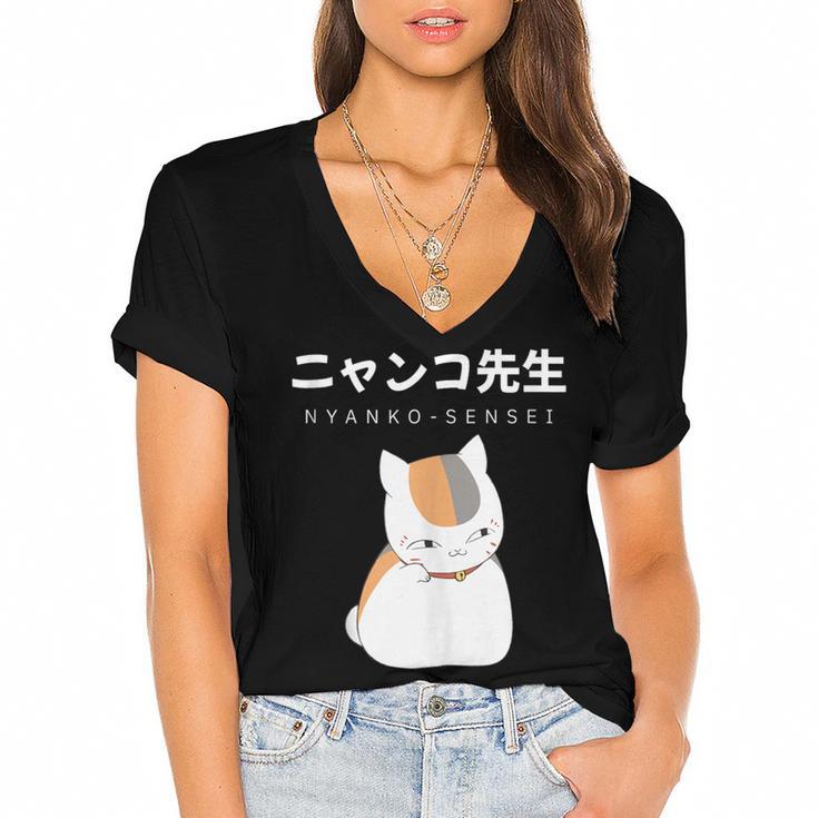 Madara Nyanko Sensei Natsume Yuujinchou Book Of Friends Cat Women's Jersey Short Sleeve Deep V-Neck Tshirt				