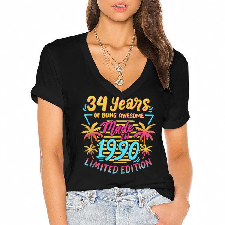 Made In 1990 Limited Edition 90s Nostalgia 34th Birthday Women's Jersey Short Sleeve Deep V-Neck Tshirt