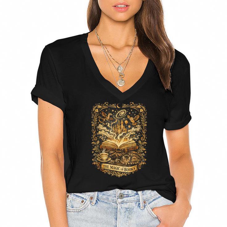 The Magic Of Books Vintage Style Reading Lover Cat & Tea Women's Jersey Short Sleeve Deep V-Neck Tshirt