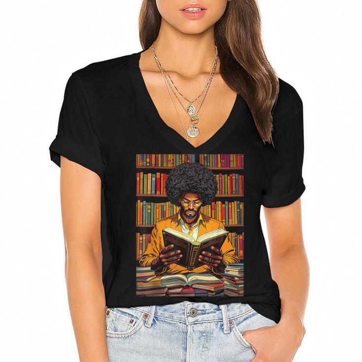 Man Reading Book Black History Month Book Lover Afro Women's Jersey Short Sleeve Deep V-Neck Tshirt				