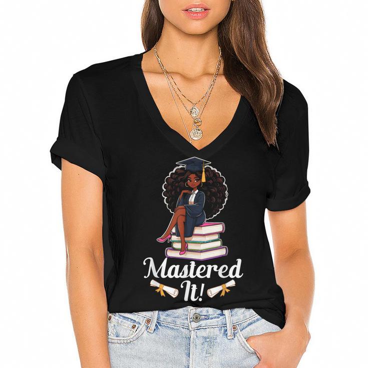 Mastered It Black Girl Masters Degree Graduation Black Queen Women's Jersey Short Sleeve Deep V-Neck Tshirt				