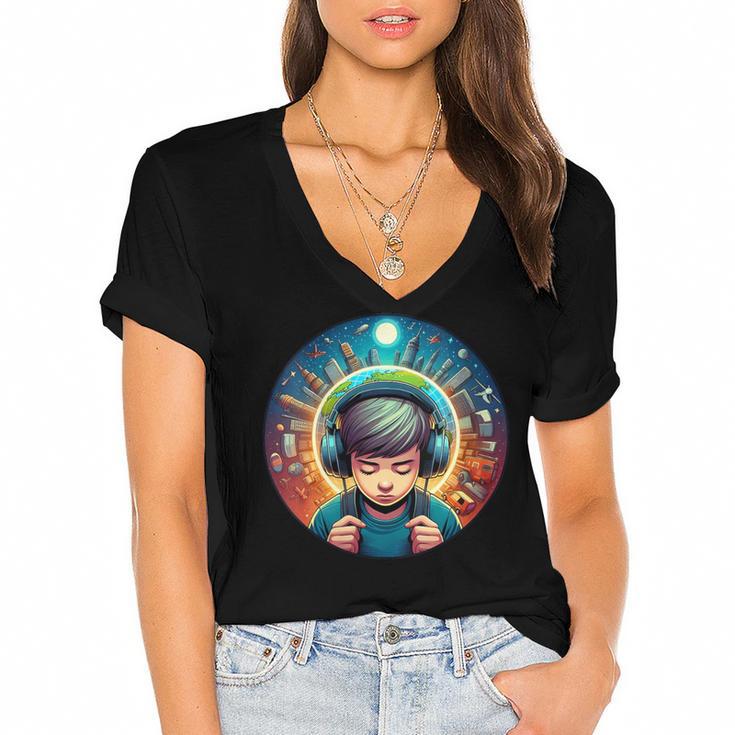 Music Enthusiast Under Starry Skies World Introvert Boy Women's Jersey Short Sleeve Deep V-Neck Tshirt				