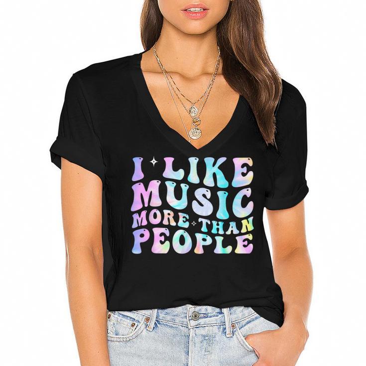 I Like Music More Than People Introvert Musician Retro Women's Jersey Short Sleeve Deep V-Neck Tshirt				