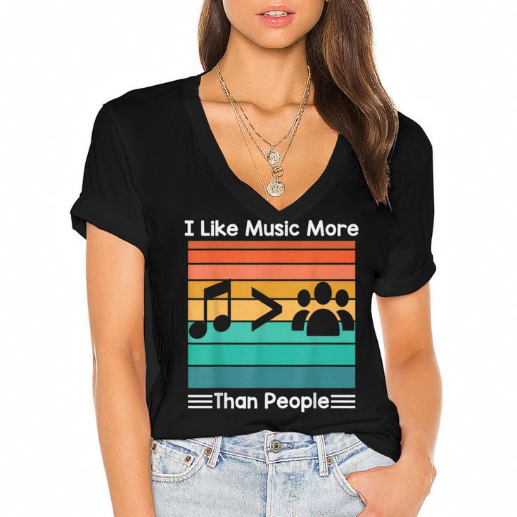 I Like Music More Than People Introvert Saying Quote Women's Jersey Short Sleeve Deep V-Neck Tshirt