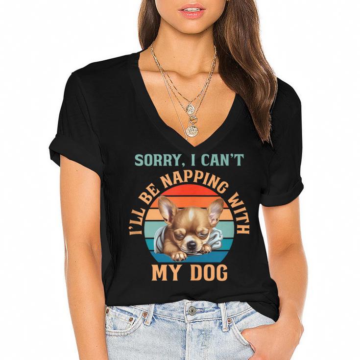Napping Chihuahua Dog Breed Sleeping Pet Pup Introvert Women's Jersey Short Sleeve Deep V-Neck Tshirt