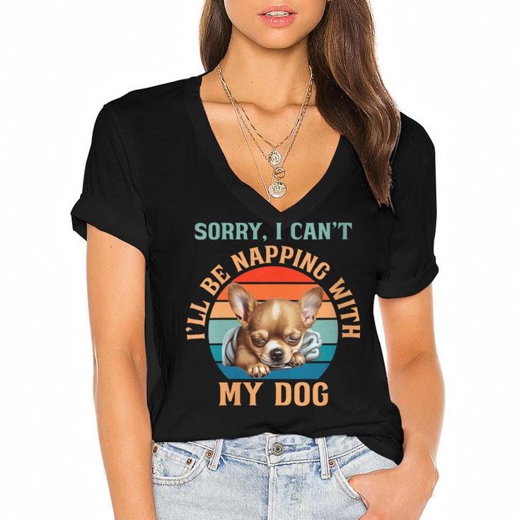 Napping Chihuahua Dog Breed Sleeping Pet Pup Introvert Women's Jersey Short Sleeve Deep V-Neck Tshirt