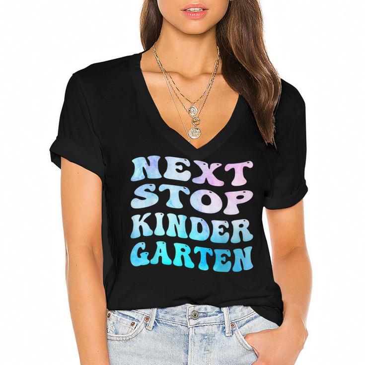 Next Stop Kindergarten Groovy Graduation Last Day Of School Women's Jersey Short Sleeve Deep V-Neck Tshirt				