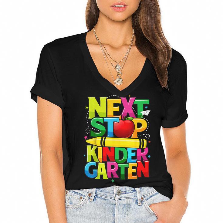 Next Stop Kindergarten Preschool Graduation 2023 Boys Girls Women's Jersey Short Sleeve Deep V-Neck Tshirt				