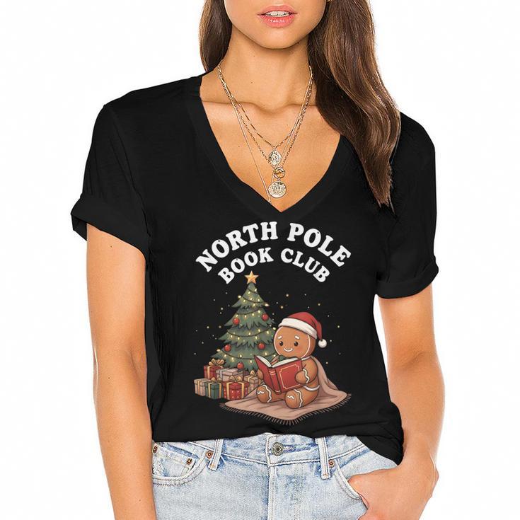 North Pole Book Club Gingerbread Christmas Reading Women's Jersey Short Sleeve Deep V-Neck Tshirt				