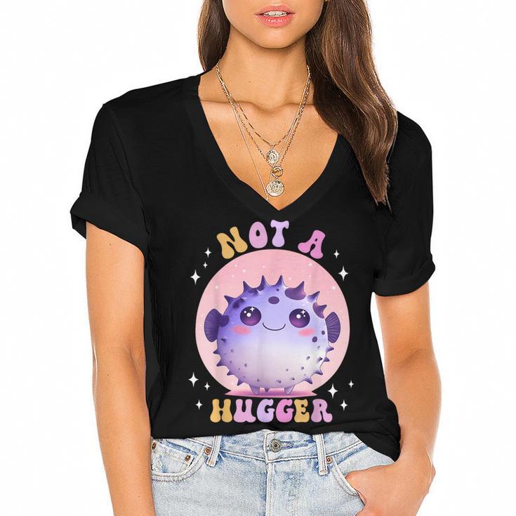 Not a Hugger Cute Pufferfish Autism Awareness Introverts Women's Jersey Short Sleeve Deep V-Neck Tshirt