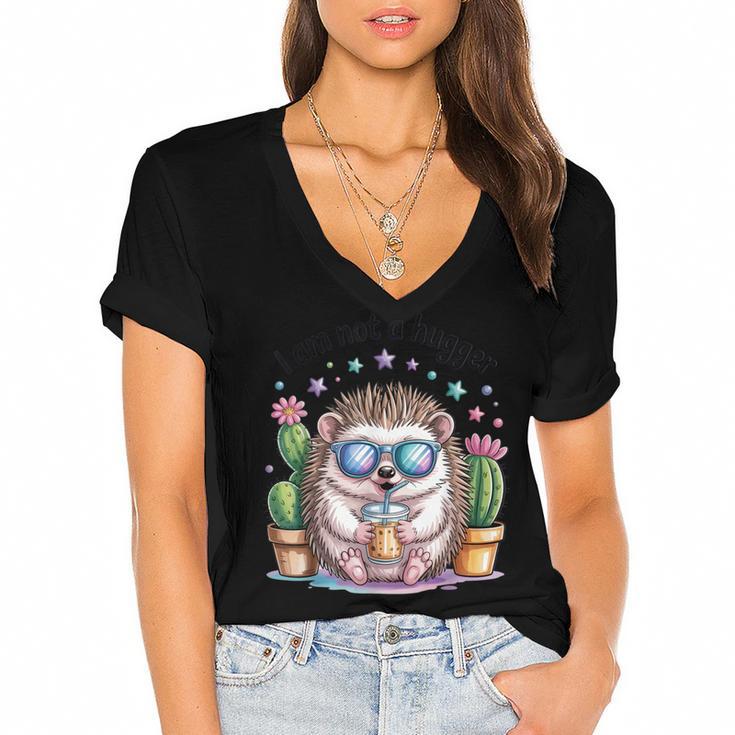 I Am Not a Hugger Introvert Hedgehog With Cactus Women's Jersey Short Sleeve Deep V-Neck Tshirt