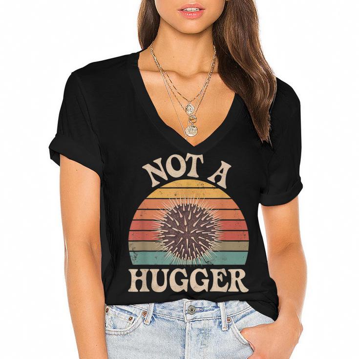 Not A Hugger Retro Sea Urchin Sarcastic Introvert Women's Jersey Short Sleeve Deep V-Neck Tshirt				