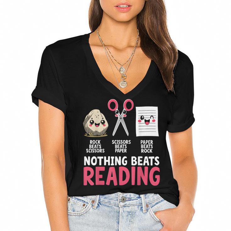 Nothing Beats Reading Rock Paper Scissors Book Lover Library Women's Jersey Short Sleeve Deep V-Neck Tshirt