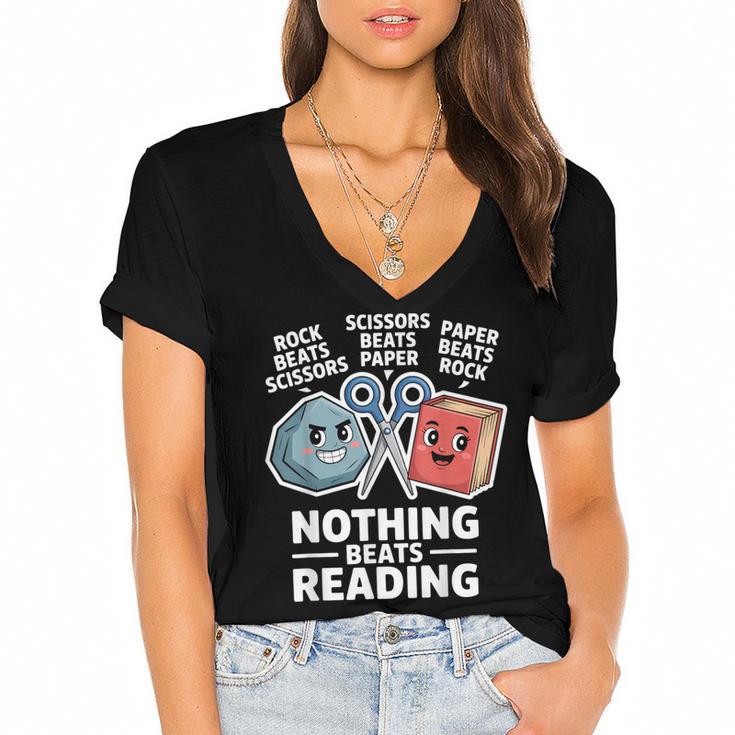 Nothing Beats Reading Rock Paper Scissors Book Lover Women's Jersey Short Sleeve Deep V-Neck Tshirt				