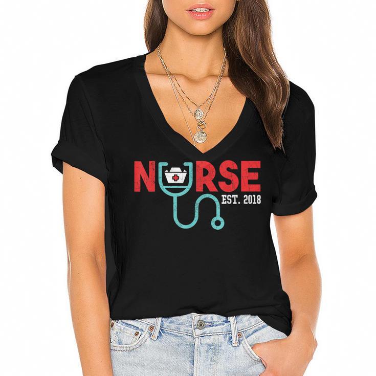 Nurse Est 2018 New Graduation Nursing School  T-Shirt Women's Jersey Short Sleeve Deep V-Neck Tshirt				