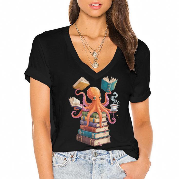 Octopus Book Reading Book Reader Ocean Octopus Women's Jersey Short Sleeve Deep V-Neck Tshirt				