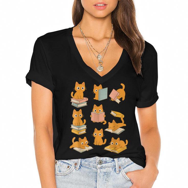 Orange Cats Reading Books Cat Lover Women's Jersey Short Sleeve Deep V-Neck Tshirt				