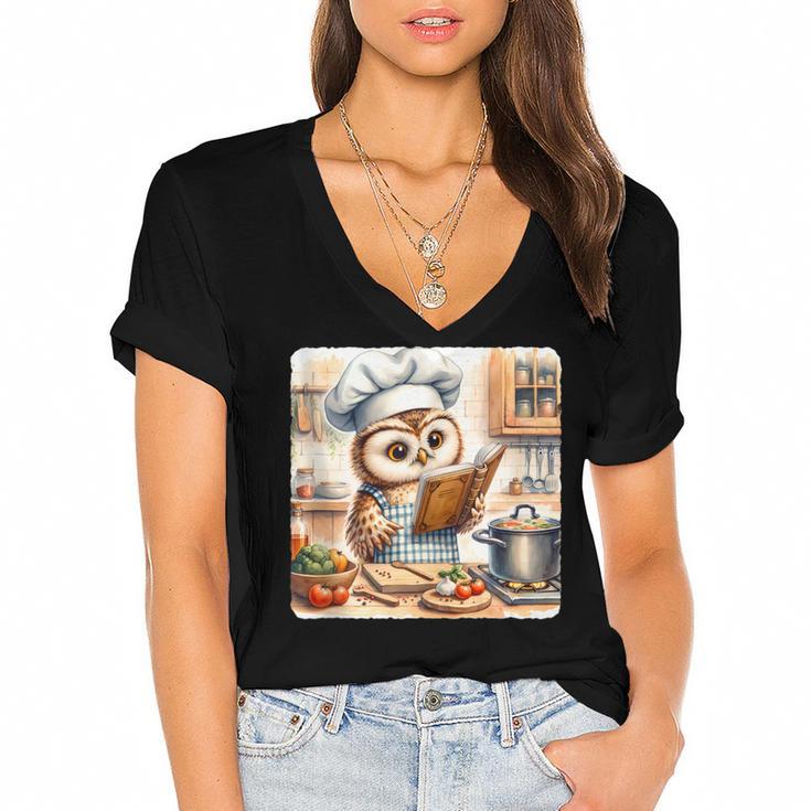 Owl Learning To Cook With Cookbook Chef Apron Stove Cooking Women's Jersey Short Sleeve Deep V-Neck Tshirt				