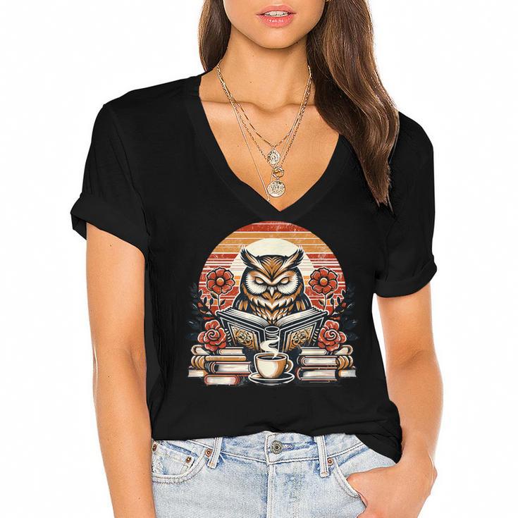 Owl Reading Books Book Library Bookworm Women's Jersey Short Sleeve Deep V-Neck Tshirt