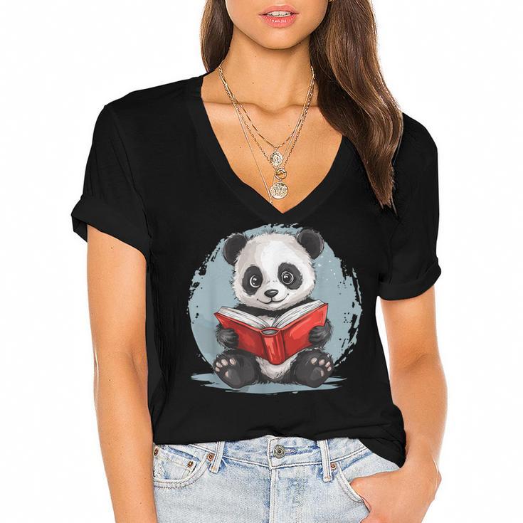 Panda With Book For Reading Enthusiasts Women's Jersey Short Sleeve Deep V-Neck Tshirt				