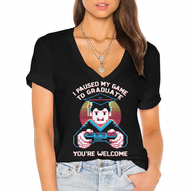 I Paused My Game To Graduate 2024 Gamer Graduation Women's Jersey Short Sleeve Deep V-Neck Tshirt				