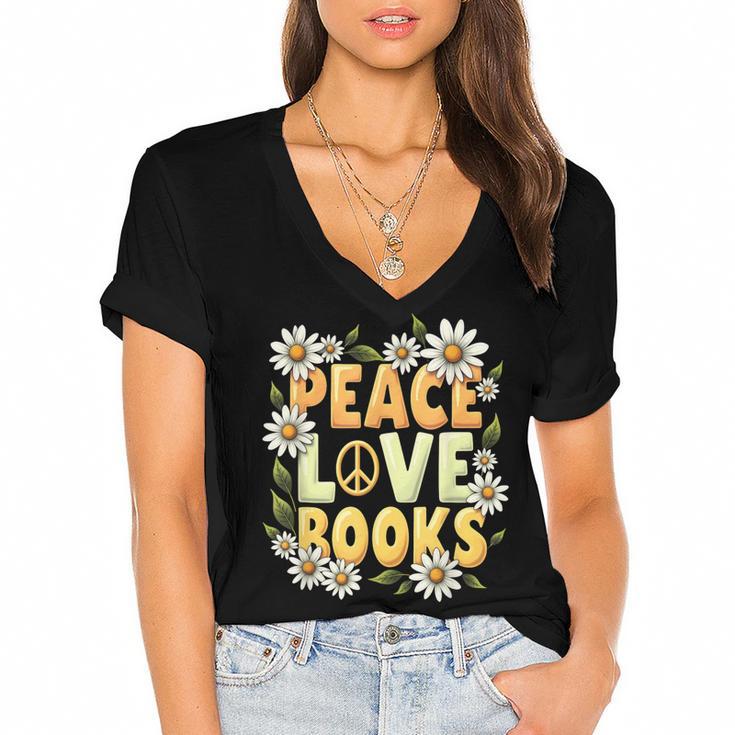 Peace Love Books Librarian Teacher Life Book Library Women's Jersey Short Sleeve Deep V-Neck Tshirt				
