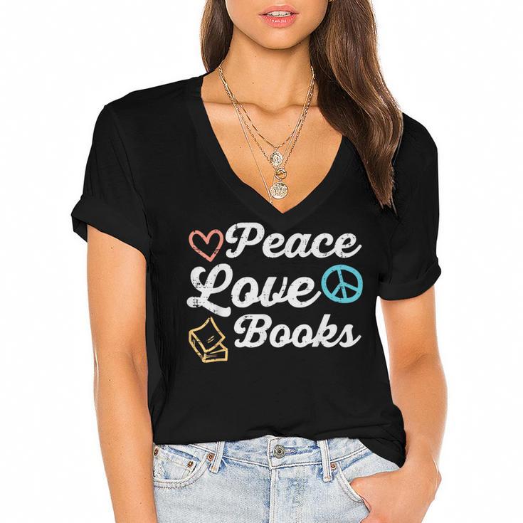 Peace Love Books Read Book Reading Librarian Across America Women's Jersey Short Sleeve Deep V-Neck Tshirt				