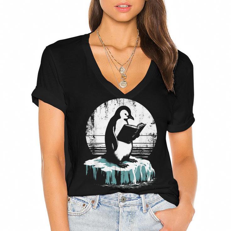 Penguin Reading A Book Vintage Graphic Bookworm Lover Women's Jersey Short Sleeve Deep V-Neck Tshirt