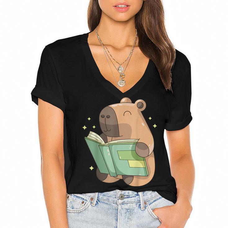 Pet Capybara Is Reading Library Capy Word Book Day Teacher Men Women Kids Women's Jersey Short Sleeve Deep V-Neck Tshirt				