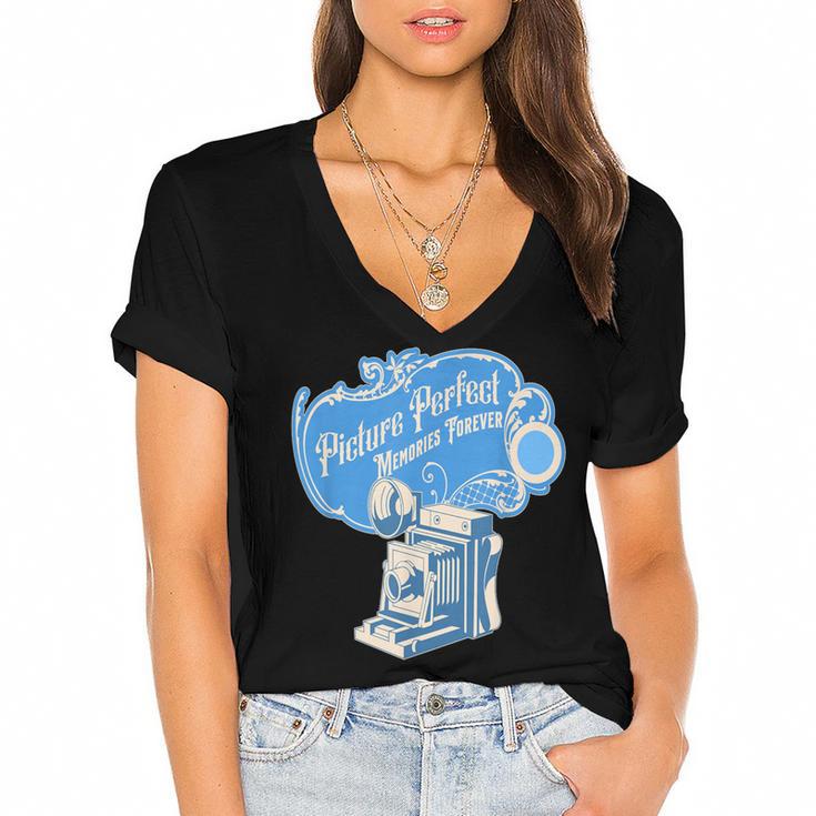 Picture Perfect Memories Forever Vintage Camera Nostalgia Women's Jersey Short Sleeve Deep V-Neck Tshirt