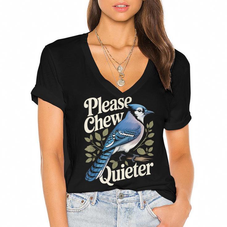 Please Chew Quieter Introvert Christmas Bird Watcher Women's Jersey Short Sleeve Deep V-Neck Tshirt				