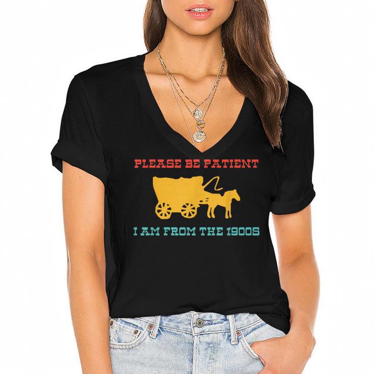 Please Be Patient I'm From The 1900s Millennial Humor Retro Women's Jersey Short Sleeve Deep V-Neck Tshirt