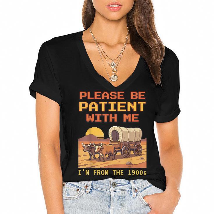 Please Be Patient I'm From The 1900s Retro Pixel Art Women's Jersey Short Sleeve Deep V-Neck Tshirt