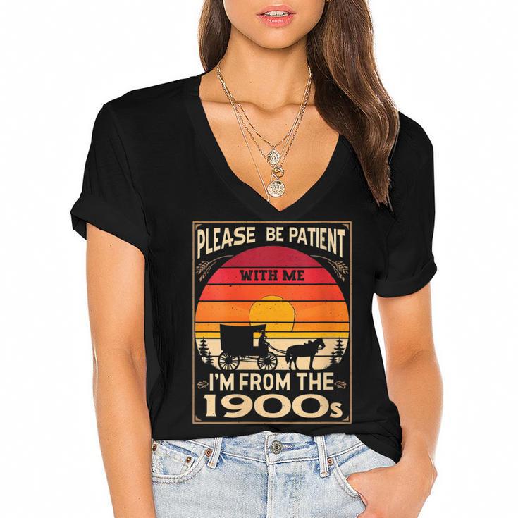 Please Be Patient I'm From The 1900s Sunset Vintage Wagon Women's Jersey Short Sleeve Deep V-Neck Tshirt
