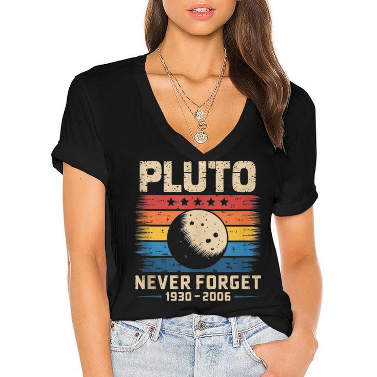 Pluto Never Forget Space Nostalgia Astronomy Humor Women's Jersey Short Sleeve Deep V-Neck Tshirt